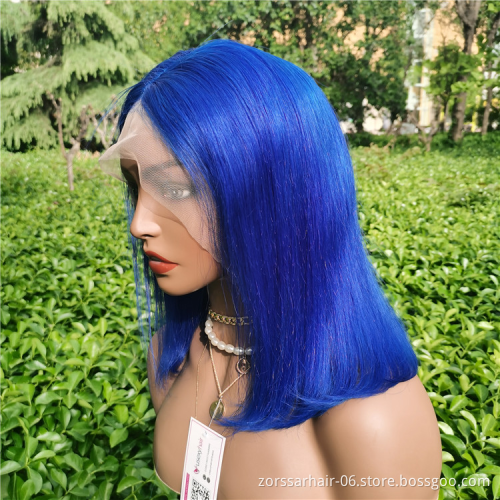 Wholesale human hair short wigs with free shiping preplucked frontal blue bob wigs closure front lace wig human hair